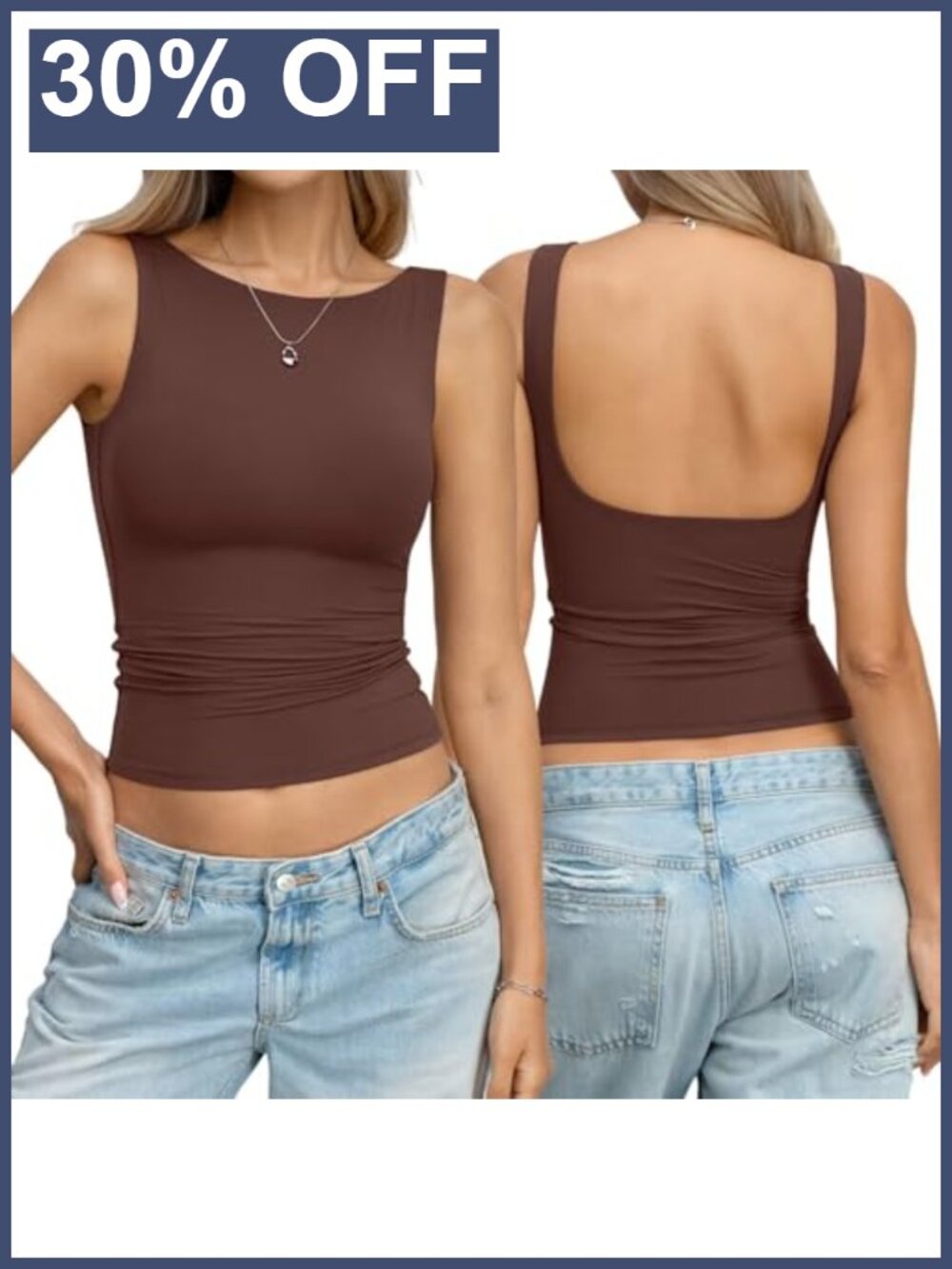 Women's Double Lined Backless Crop Tank Top Fitted Boat Neck Sleeveless Shirt